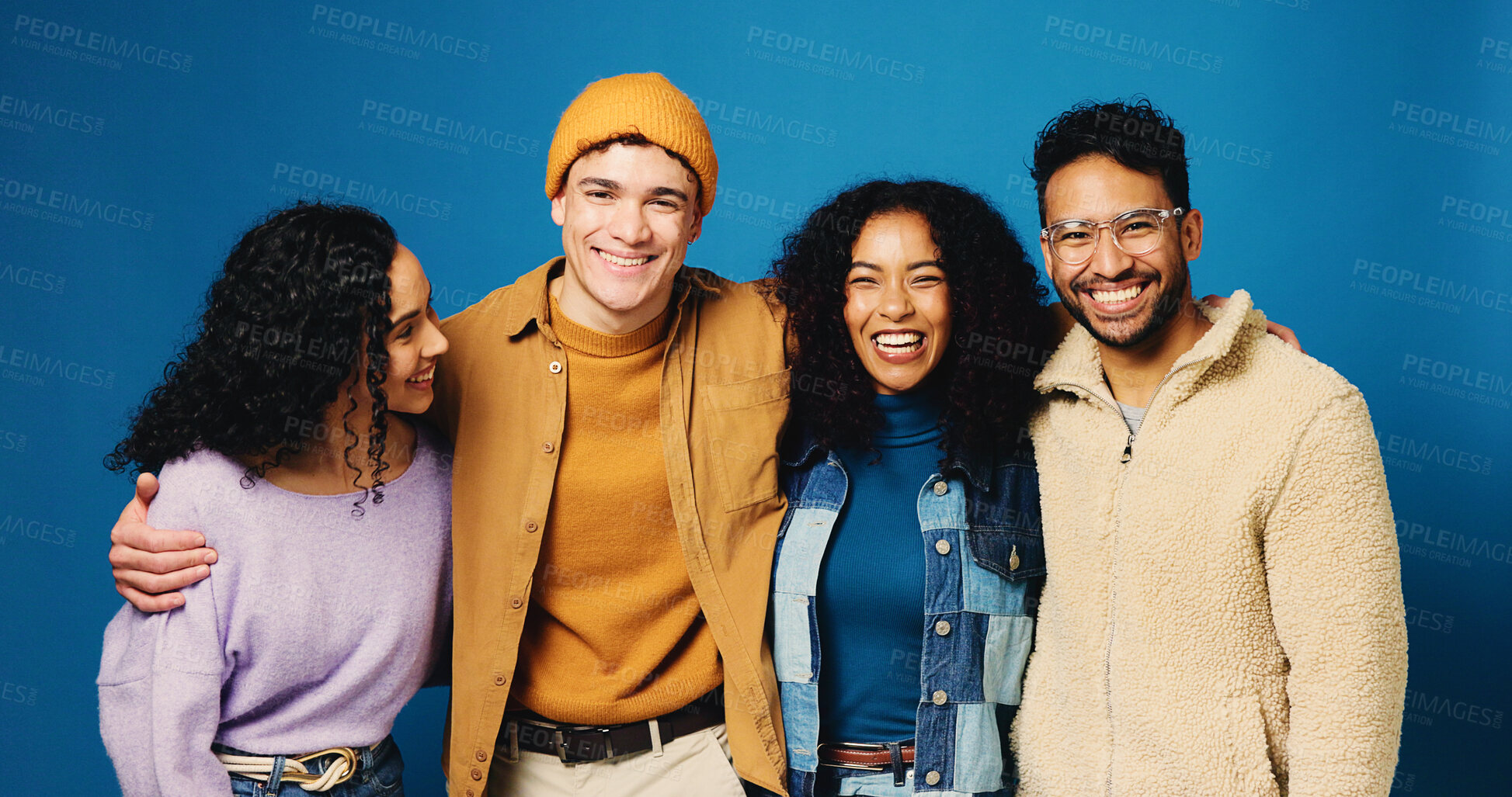 Buy stock photo Hug, students and portrait of people in studio for college application, enrollment and scholarship. Happy, blue background and friends with pride for university, school and education opportunity