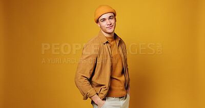 Buy stock photo Man, portrait and fashion with winter cap for style or design on a studio background. Male person, confidence or model with stylish outfit or casual wear for advertising or marketing on mockup space