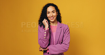 Buy stock photo Business woman, smile and portrait with professional style and fashion in studio. Female model, creative worker and pride with career confidence and space with entrepreneur on yellow background