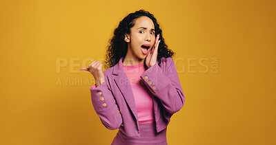 Buy stock photo Portrait, woman and point with surprise in studio of advertising, announcement and coming soon. Shock, person and gesture for information, promotion offer and show giveaway on yellow background space
