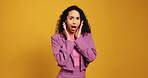 Portrait, shocked and woman in studio, wow and sales announcement on yellow background. Space, surprise and person with facial expression, omg and discount deal with news, reaction and information