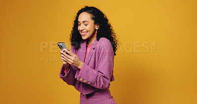 Buy stock photo Studio, excited and woman with smartphone, online and notification for good news or job opportunity. Reading, email and happy person with tech, mockup space and communication on social media and web