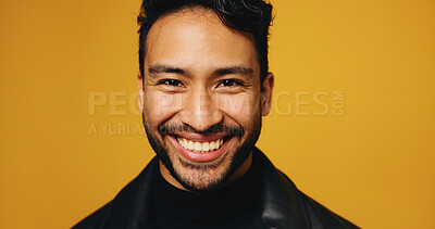 Buy stock photo Portrait, fashion designer and happy man in studio, pride and small business owner on yellow background. Space, artist or person with career ambition, entrepreneurship and tailor with confidence