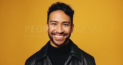 Buy stock photo Portrait, fashion designer and man in studio, smile and small business owner on yellow background. Space, artist and happy person with career ambition, entrepreneurship and stylish clothes with pride