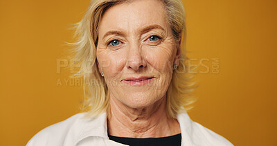 Buy stock photo Aging, beauty and portrait of woman on studio background for health, skincare or wellness. Cosmetics, dermatology and face of mature person isolated on mockup space for aesthetic cosmetology