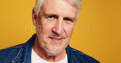 Buy stock photo Portrait, mature man and smile in studio as editor in chief for fashion magazine on background. Creative professional, business and happy manager with confidence, pride and style publisher in Uk
