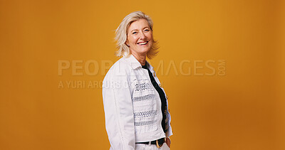Buy stock photo Laugh, startup and portrait of mature woman in studio for fashion designer, entrepreneur or pride. Stylist, about us and joke with female person on background for creative business on mockup space