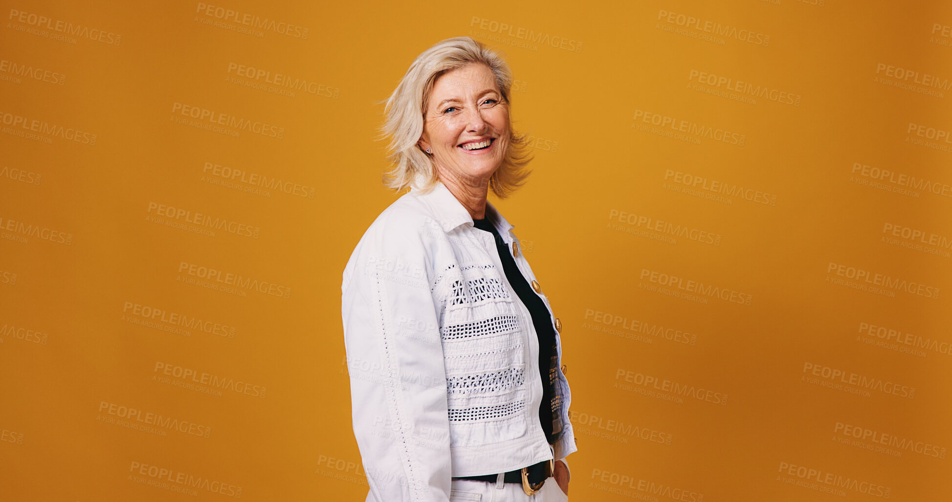 Buy stock photo Laugh, startup and portrait of mature woman in studio for fashion designer, entrepreneur or pride. Stylist, about us and joke with female person on background for creative business on mockup space