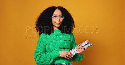 Buy stock photo Woman, portrait and student with books for learning or education on a studio background. Face, female person or academic learner with textbooks for university scholarship or study on mockup space