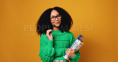 Buy stock photo Happy woman, portrait and student with books for learning or education on a studio background. Female person, academic or smile with textbooks for university scholarship or study on mockup space