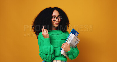 Buy stock photo Woman, thinking and student with books for learning or education on a studio background. Thoughtful, female person or academic learner with textbooks for university scholarship or study on space