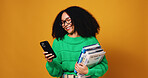 Happy woman, student and phone with books for learning or education on a studio background. Female person, academic or learner with mobile smartphone for university scholarship or app on mockup space