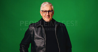 Buy stock photo Studio, portrait and mature man with glasses, private investigator or determined to solve cold case. Green background, detective and person with eyewear, space and confident for justice in Canada
