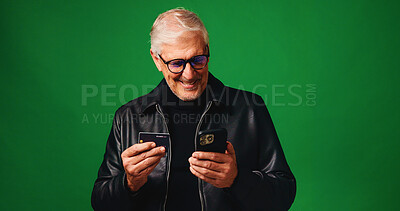 Buy stock photo Senior, happy man or phone with credit card in studio for online shopping on a green background. Elderly, male person or model with mobile smartphone for ecommerce, remote banking or payment on space