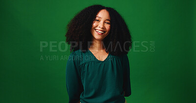 Buy stock photo Portrait, smile and style with fashion designer woman on studio space for launch of clothing brand. Clothes, mockup and trendy outfit with happy African design employee isolated on green background
