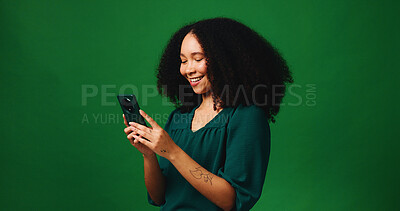 Buy stock photo Studio, excited and woman with smartphone, good news and notification for job opportunity or online. Reading, email and happy person with tech, green background and chat on social media and space