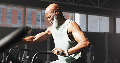 Buy stock photo Fitness, black man or exercise bike at gym for cardio, workout challenge or burning calories. Athlete, mature person or elliptical machine at wellness club for physical training, endurance or cycling