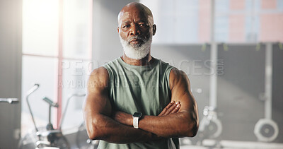 Buy stock photo Crossed arms, fitness and portrait of black man in gym ready for exercise, workout and training. Sports center, mature and serious person with determination for wellness, muscle strength and practice