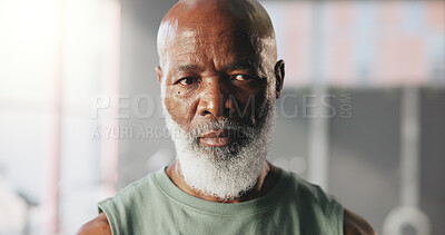Buy stock photo Thinking, fitness and mature black man in gym ready for exercise, workout routine and training. Sports center, thoughtful and face of person with determination for wellness, health and wellbeing