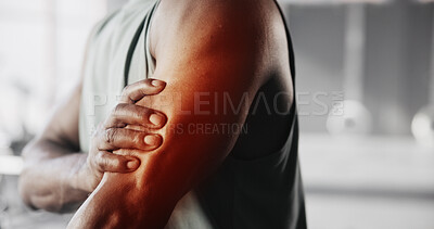 Buy stock photo Hands, injury and arm of man in gym for muscle fatigue, inflammation and accident in training. Sports center, health overlay and person with sprain, hurt and pain for exercise, workout and wellness