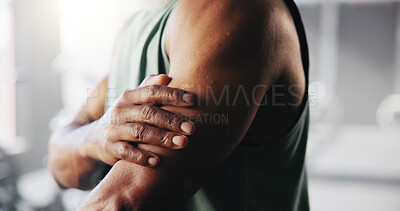 Buy stock photo Exercise, injury and arm of man in gym for muscle fatigue, inflammation and accident in training. Sports center, health and person with sprain, hurt and pain for fitness, workout and wellness