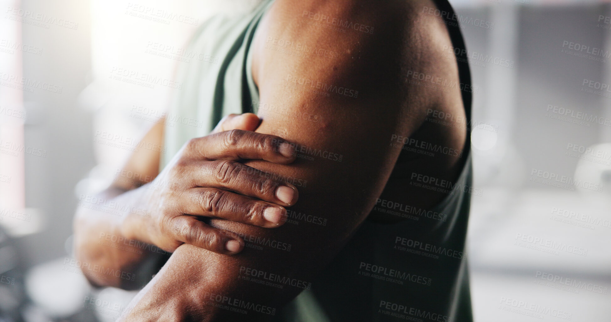 Buy stock photo Exercise, injury and arm of man in gym for muscle fatigue, inflammation and accident in training. Sports center, health and person with sprain, hurt and pain for fitness, workout and wellness