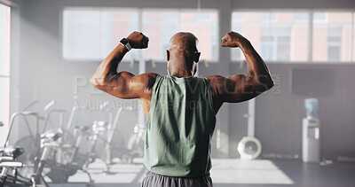Buy stock photo Fitness, flex and back of man in gym for bodybuilding training, exercise and strength workout. Sports, athlete and person with muscles, biceps and strong arms for wellness, health and challenge