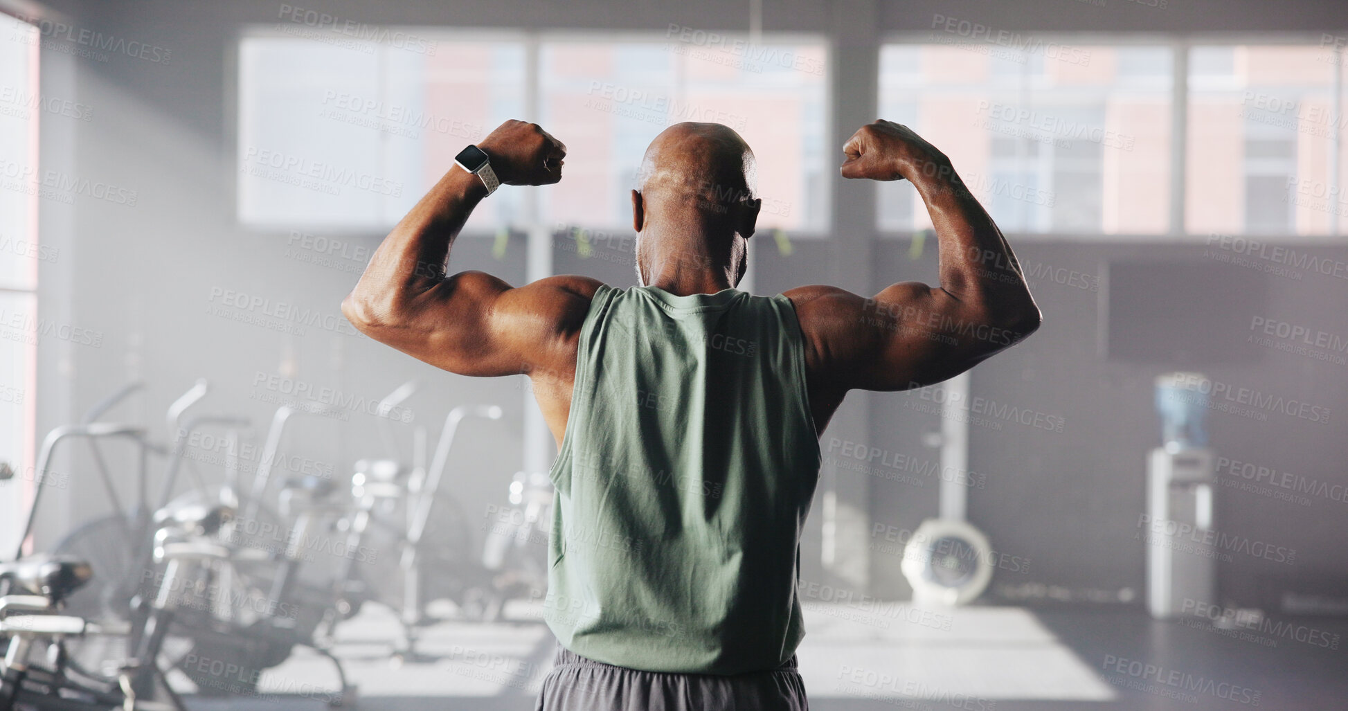 Buy stock photo Fitness, flex and back of man in gym for bodybuilding training, exercise and strength workout. Sports, athlete and person with muscles, biceps and strong arms for wellness, health and challenge