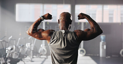 Buy stock photo Muscles, flex and back of man in gym for bodybuilding training, exercise and strength workout. Sports, athlete and person with strong arms, biceps and fitness for wellness, health and challenge