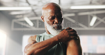 Buy stock photo Fitness, shoulder pain and mature black man in gym for muscle fatigue, inflammation and accident. Sports, health and person with sprain, hurt and tendinitis for exercise, workout and wellness