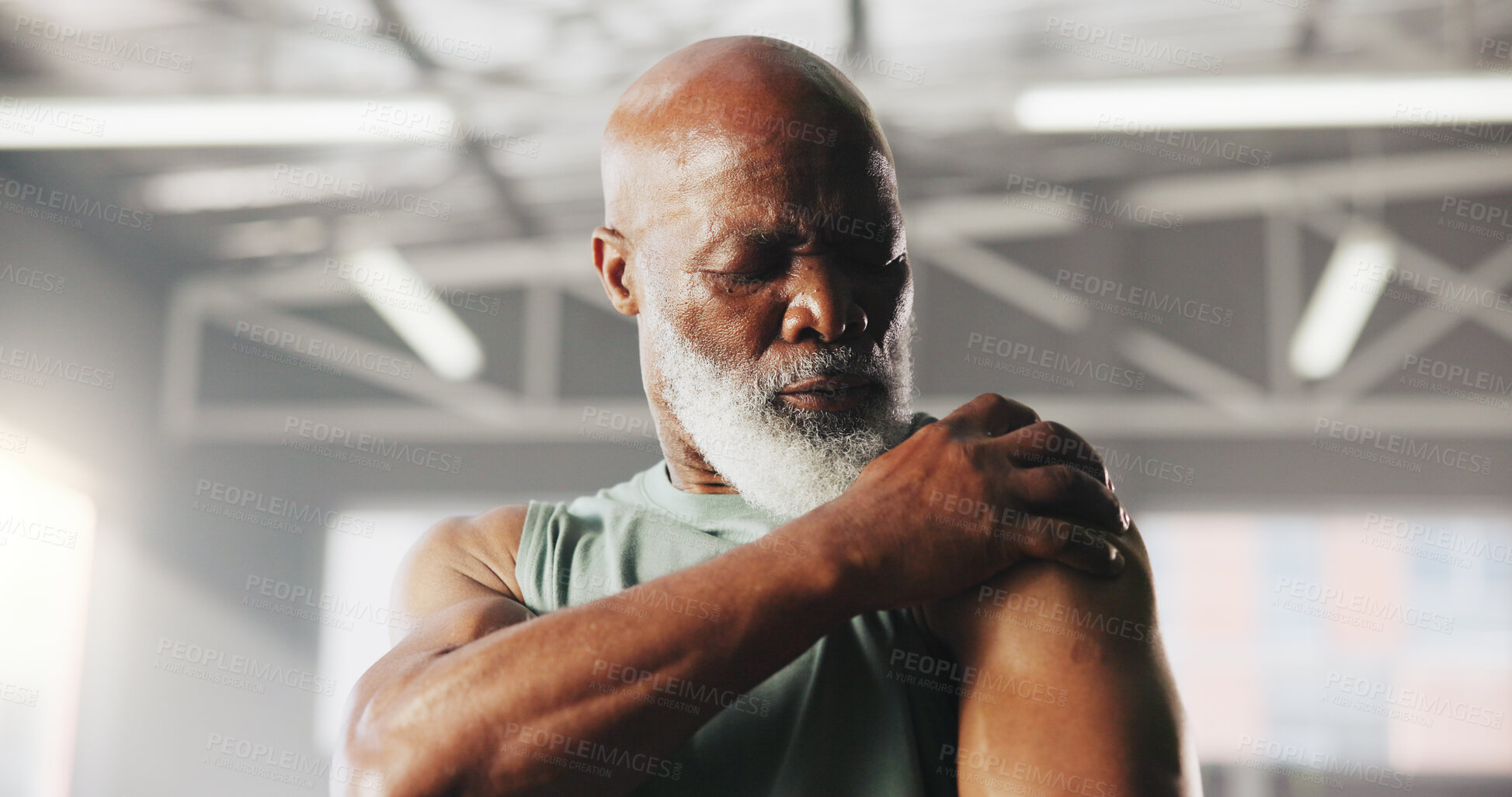 Buy stock photo Fitness, shoulder pain and mature black man in gym for muscle fatigue, inflammation and accident. Sports, health and person with sprain, hurt and tendinitis for exercise, workout and wellness