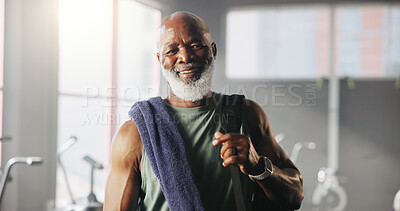 Buy stock photo Bag, fitness and portrait of black man in gym with smile for exercise, finish workout and training. Sports center, relax and mature person with towel, gear and happy for wellness, health and practice