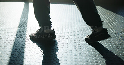 Buy stock photo Feet, athlete and fitness with person at gym for preparation, start exercise and sports training. Legs, warm up and getting ready for workout, running challenge and cardio practice of marathon stance