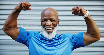 Buy stock photo Fitness, flex and portrait of man in city for bodybuilding training, exercise and cardio workout. Sports, runner and mature person with muscles, biceps and strong arms for wellness challenge outdoor