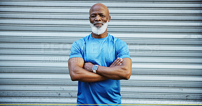 Buy stock photo Portrait, athlete and mature man with arms crossed, space or confident for fitness goal or wellness. Outdoor, healthy and black person with pride on break, exercise routine and morning in Nigeria