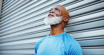 Buy stock photo Fitness, thinking and tired with black man outdoor on space for cardio training or workout fatigue. Challenge, exhausted and exercise with mature African runner resting on garage for recovery