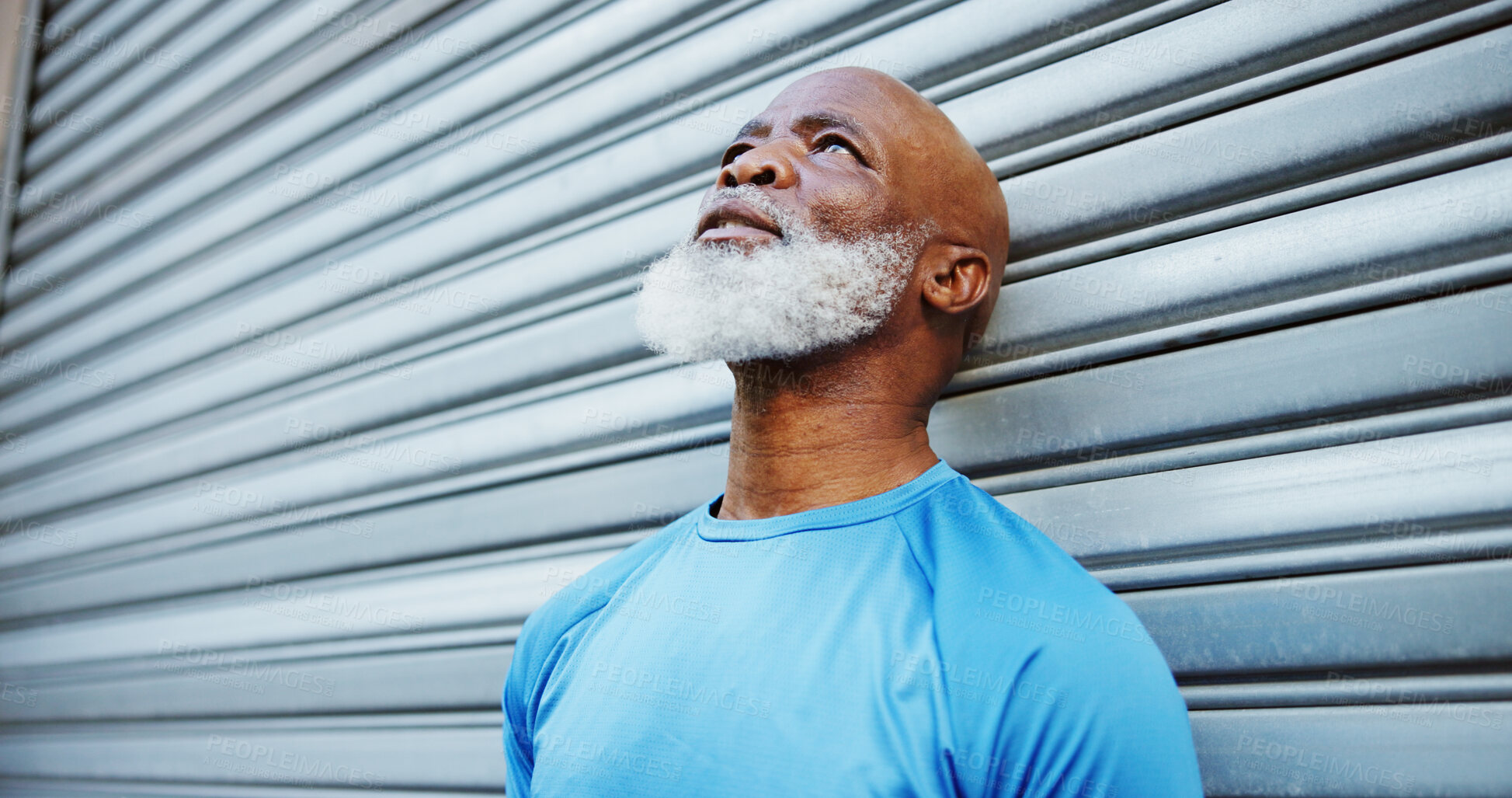 Buy stock photo Fitness, thinking and tired with black man outdoor on space for cardio training or workout fatigue. Challenge, exhausted and exercise with mature African runner resting on garage for recovery