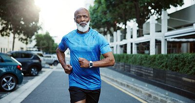Buy stock photo Fitness, running or black man with exercise outdoor for marathon workout, cardio routine or health. Athlete, mature person and jog in city for pace training, sports performance or endurance challenge