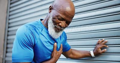 Buy stock photo Fitness, chest pain and senior man with heart attack, injury and angina outdoor in city. Breathing problem, exercise or black person with health risk, workout fatigue or emergency with cardiac arrest