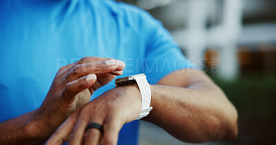 Buy stock photo Smart watch, fitness and hands of man in city for tracking exercise, training and workout progress. Sports, outdoor and person with digital tech for wellness app, running performance and health stats