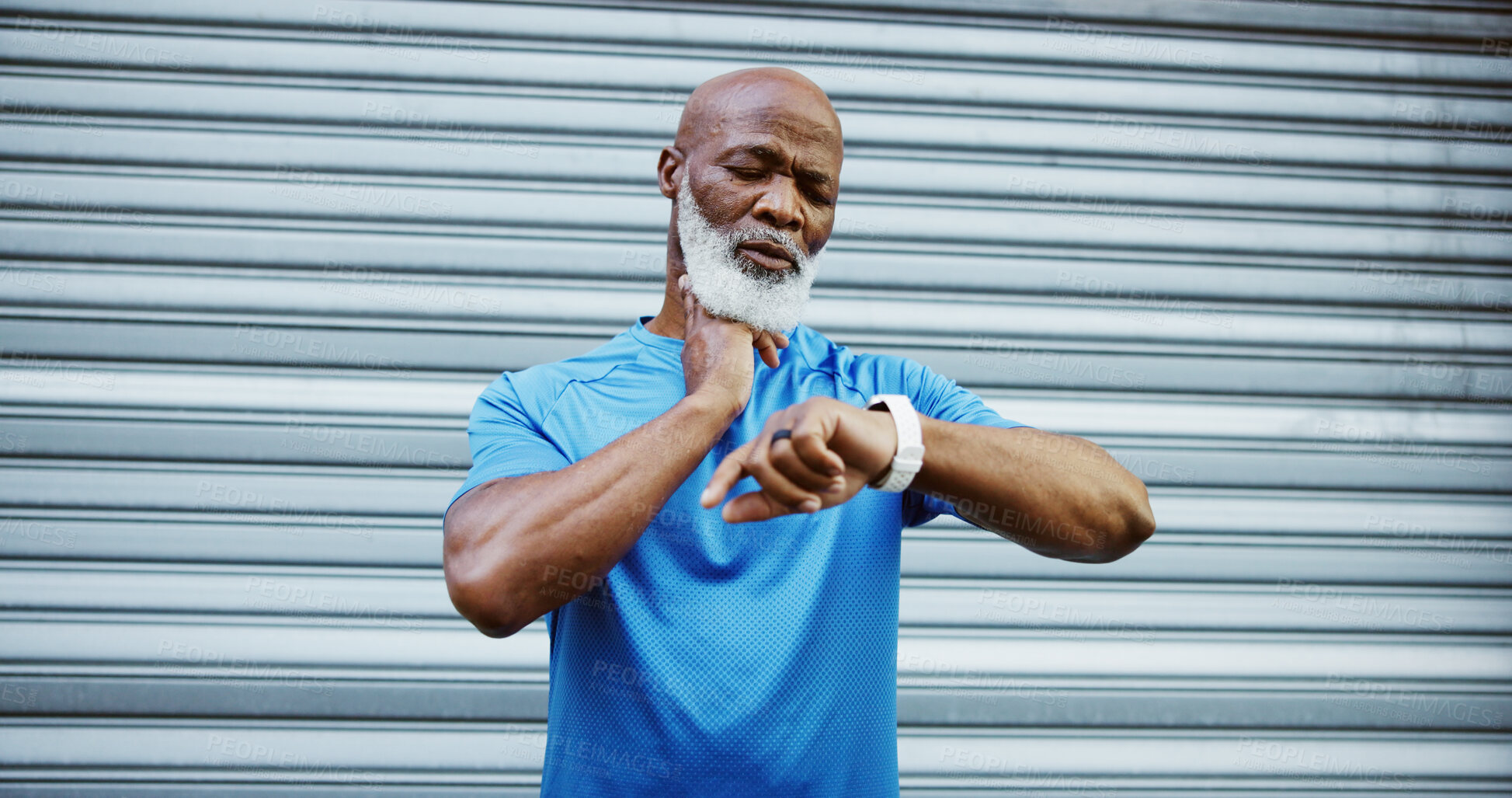 Buy stock photo Smart watch, heart rate and black man in city for fitness, tracking exercise and workout progress. Sports, outdoor and mature person with digital tech for wellness app, performance and heartbeat