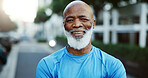Fitness, portrait and smile of black man outdoor in neighborhood for cardio training or running. Exercise, health and wellness with mature African runner on sidewalk for challenge or workout