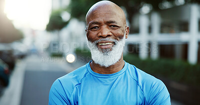 Buy stock photo Fitness, portrait and smile of black man outdoor in neighborhood for cardio training or running. Exercise, health and wellness with mature African runner on sidewalk for challenge or workout