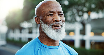 Buy stock photo Fitness, thinking and smile with black man outdoor in neighborhood for cardio training or running. Exercise, health and vision with mature African runner on sidewalk for challenge or workout bokeh