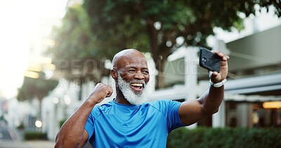 Buy stock photo Fist pump, fitness and selfie of black man outdoor in neighborhood for cardio training or running. Exercise, photograph and success with mature African runner on sidewalk for social media post