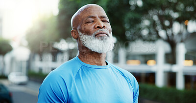 Buy stock photo Break, breathing and fitness with black man outdoor in neighborhood for cardio training or running. Exercise, health and resilience with mature African runner on sidewalk for challenge or workout