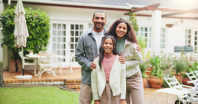 Buy stock photo House, backyard and portrait of parents with child for property, new home and real estate purchase. Happy, family and garden with mom, dad and girl on weekend for bonding, relationship and support