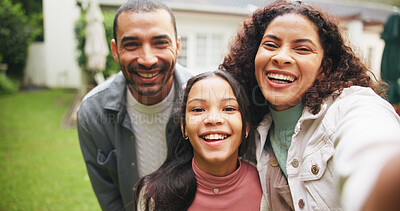 Buy stock photo Happy, backyard and selfie of parents with girl for social media memory at property, new home and house. Portrait, family and photo of mom, dad and child outdoor for bonding, relationship and support