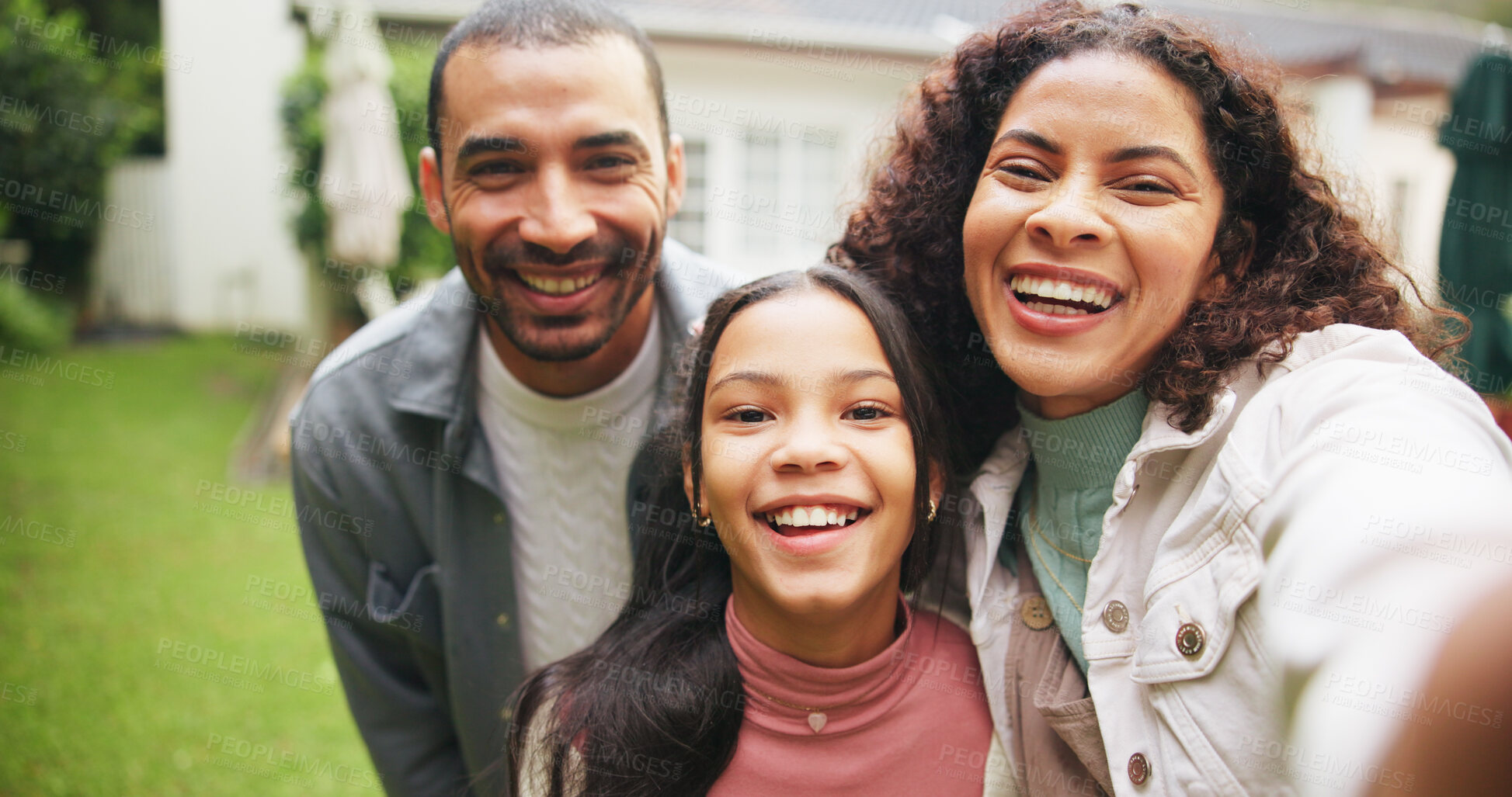 Buy stock photo Happy, backyard and selfie of parents with girl for social media memory at property, new home and house. Portrait, family and photo of mom, dad and child outdoor for bonding, relationship and support