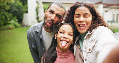 Buy stock photo Silly, backyard and selfie of parents with child for social media memory at property, new home and house. Happy, family and photo of mom, dad and girl outdoor for bonding, relationship and support